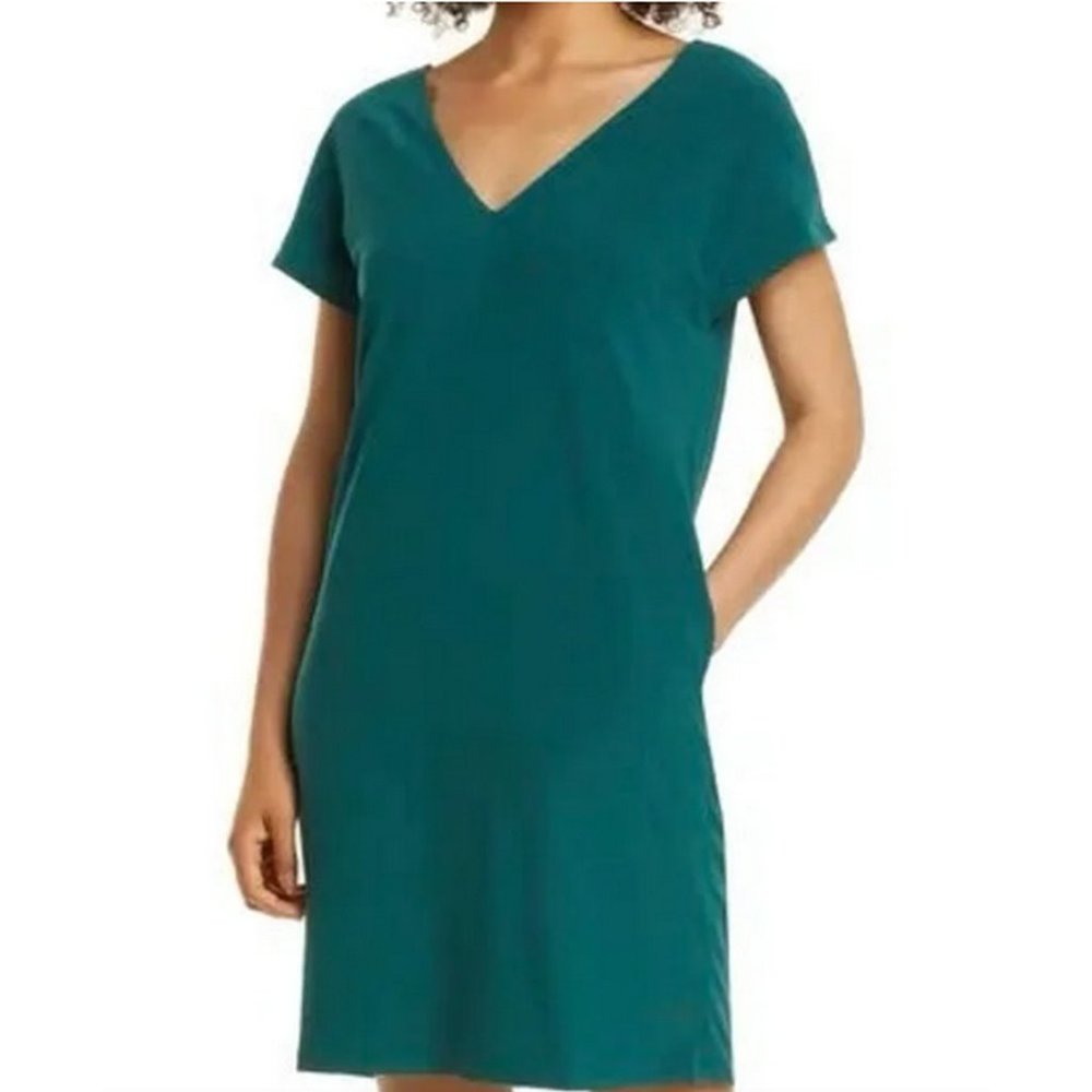 🆕 NWT HALOGEN Green V-Neck Shift Dress Women’s XL Stretch Lined Irish Pockets